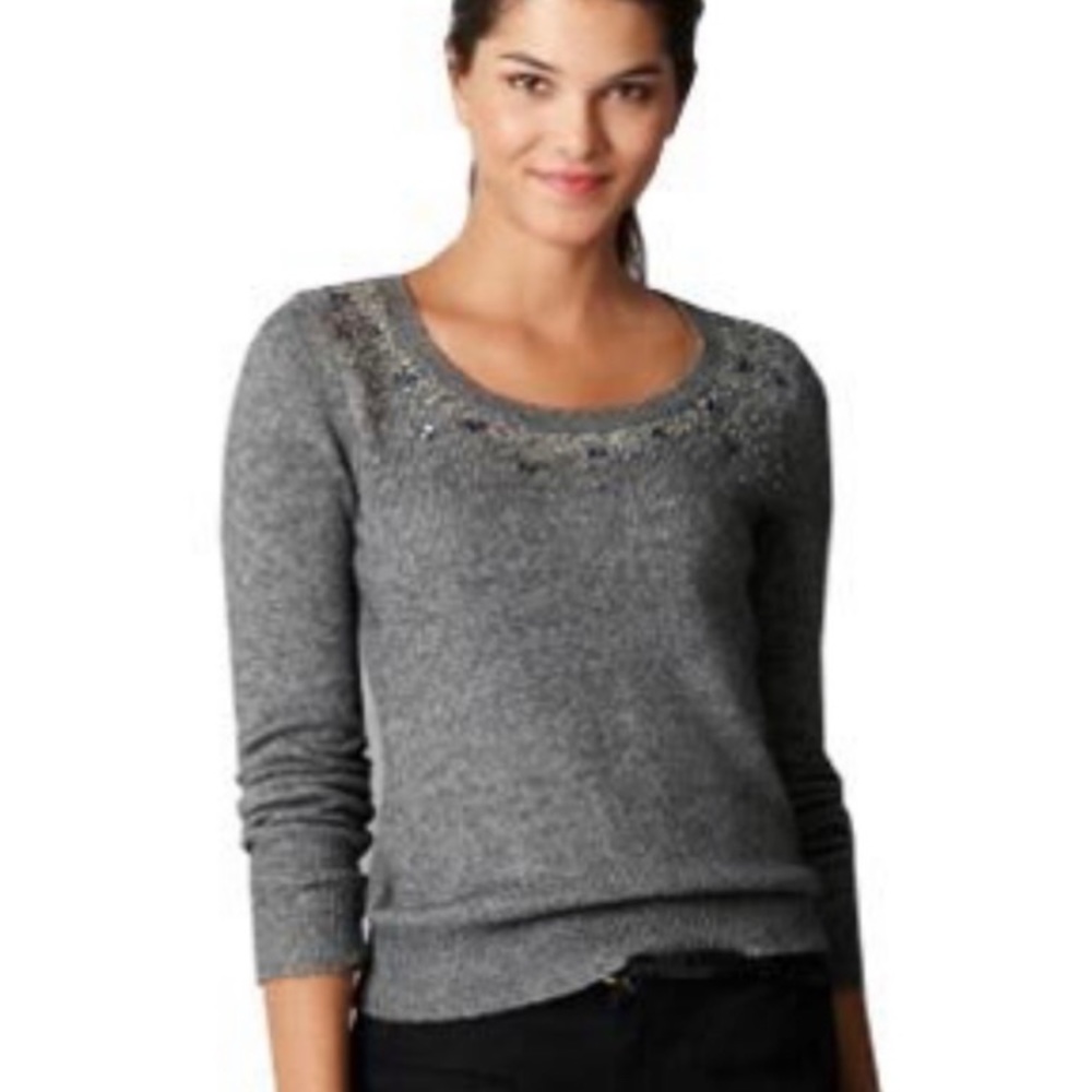 LOFT Embellished Jeweled Collar Gray Sweater